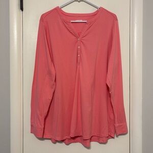 Lands’ End Women’s Plus L/S Button-Cuff Popover Henley Tee Shirt Top 1X Pink
